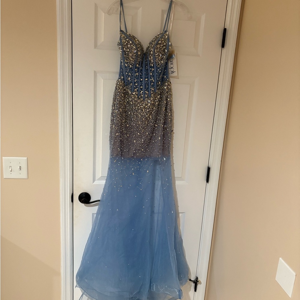 Elegant Blue Gown with Gold Accents